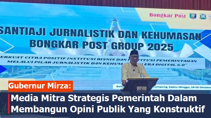 Gubernur Mirza Saat Membuka Santiaji Jurnalistik dan Kehumasan Bongkar Post Group 2025 di Horison Hotel, Sabtu (18/10/2025)