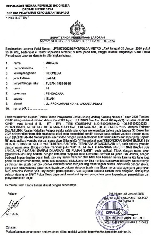 Surat Tanda Penerimaan Laporan. STTLP/B/97/1/2026/SPKT-POLDA-METRO-JAYA/photo.dok IST