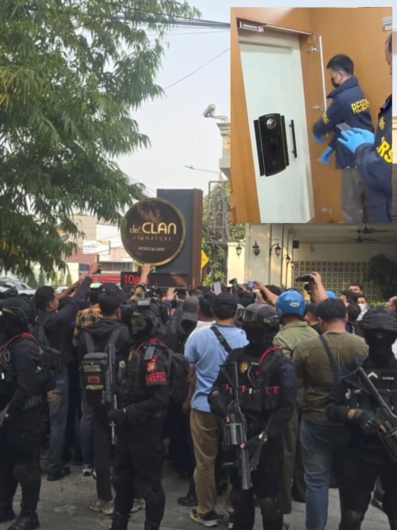 Penggeledahan Cafe de Clan berlangsung sejak siang hingga malam hari dengan pengamanan ketat oleh personel Brimob bersenjata/ kolase foto istimewa 