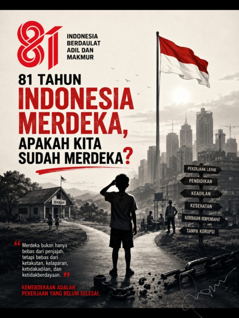 Memperingati 81 tahun kemerdekaan Indonesia dengan refleksi tentang makna kemerdekaan dalam kehidupan masyarakat. Kemerdekaan bukan sekadar bebas dari penjajahan, tetapi juga perjuangan menghadirkan keadilan, kesejahteraan, pendidikan, pekerjaan layak, kesehatan, kebebasan berpendapat, dan pemerintahan yang bersih./ilustrasi 
