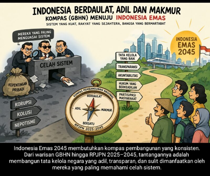 Indonesia Emas 2045 membutuhkan kompas pembangunan yang konsisten. Dari warisan GBHN hingga RPJPN 2025–2045, tantangannya adalah membangun tata kelola negara yang adil, transparan, dan sulit dimanfaatkan oleh mereka yang paling memahami celah sistem.