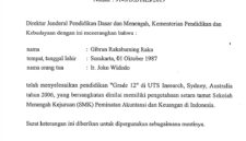 Foto dokumen Surat Keterangan Kemendikbud Nomor 9149/D.D1/KS/2019 tertanggal 6 Agustus 2019 yang menerangkan penyetaraan pendidikan Grade 12 Gibran Rakabuming Raka di UTS Insearch, Sydney. Dokumen beredar di media sosial./tangkapan layar media sosial 