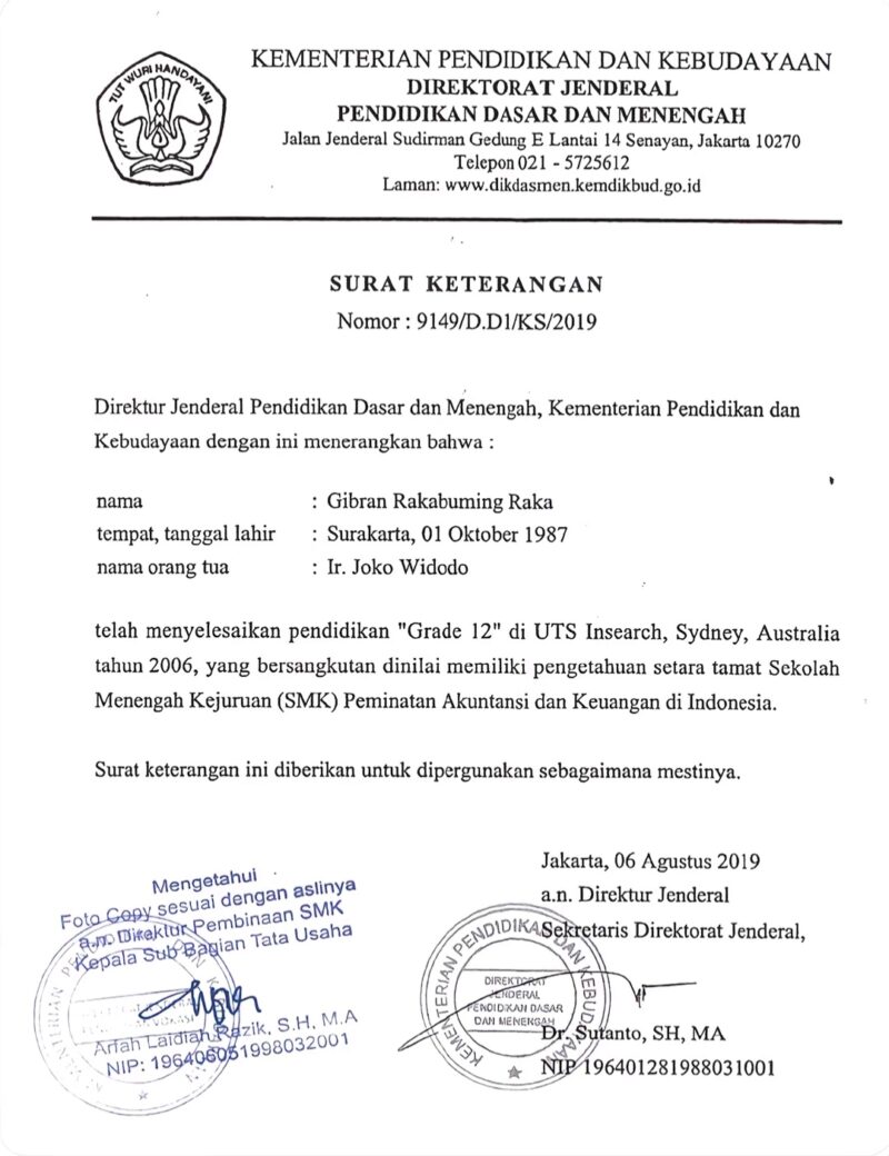 Foto dokumen Surat Keterangan Kemendikbud Nomor 9149/D.D1/KS/2019 tertanggal 6 Agustus 2019 yang menerangkan penyetaraan pendidikan Grade 12 Gibran Rakabuming Raka di UTS Insearch, Sydney. Dokumen beredar di media sosial./tangkapan layar media sosial 